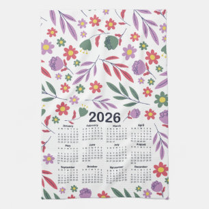 2026 Calendar Purple and Red Floral Pattern Tea Towel