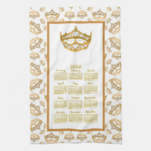 2026 Calendar Queen Hearts Gold Crown Fabric Font Tea Towel