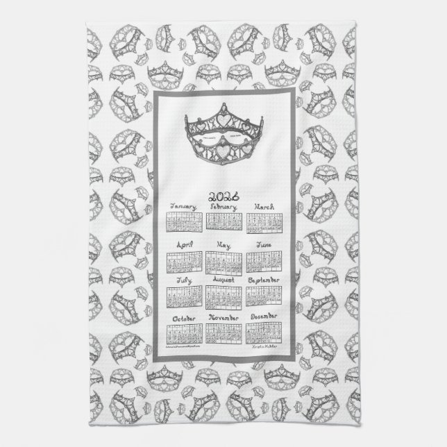 2026 Calendar Queen of Hearts Silver Tiara Fabric  Tea Towel (Vertical)