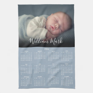 2026 Calendar Script Name Photo Dusty Blue Tea Towel