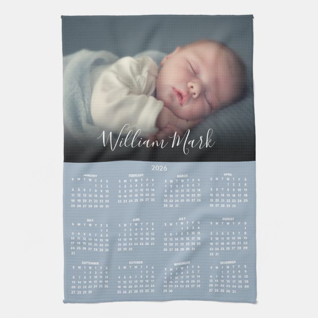 2026 Calendar Script Name Photo Dusty Blue Tea Towel (Vertical)