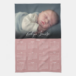 2026 Calendar Script Name Photo Dusty Rose Pink Tea Towel