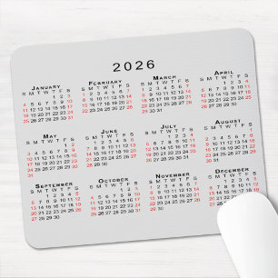 2026 Calendar Simple Gray Black Red Mouse Mat