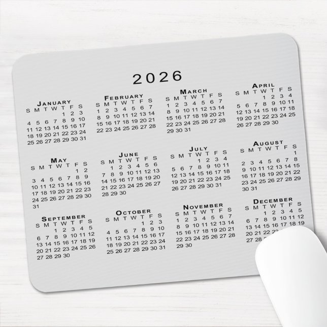 2026 Calendar Simple Grey and Black Mouse Mat (2026 Calendar Simple Gray and Black Mouse Pad, in situ)