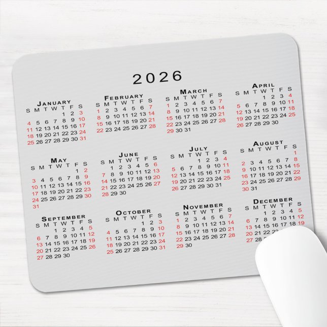2026 Calendar Simple Grey Black Red Mouse Mat (2026 Calendar Simple Gray Black Red Mouse Pad, in situ)