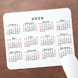 2026 Calendar Simple White Black Red Mouse Mat<br><div class="desc">Simple, professional calendar mousepad features a modern 2026 calendar with black weekdays and red weekend dates on a white background. If you'd like a different colour background, tap "Click to customise further" and select a background colour in the sidebar. Click "Done" and then "Add to Cart" to purchase your customised...</div>