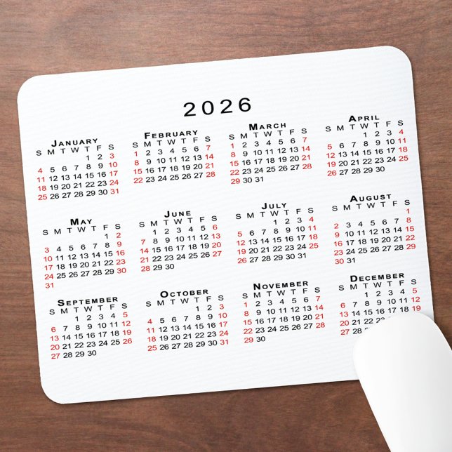 2026 Calendar Simple White Black Red Mouse Mat (2026 Calendar Simple White Black Red Mouse Pad, in situ)