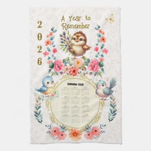 2026 Calendar Towel Cute Folk Floral Birds 