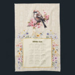 2026 Calendar Towel Sparrow with Wildflowers<br><div class="desc">Pretty sparrow 2026 calendar towel with pastel wildflowers.  Tan damask background.</div>