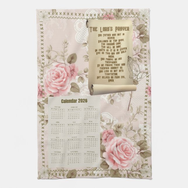 2026 Calendar Towel The Lord's Prayer Pink Roses (Vertical)
