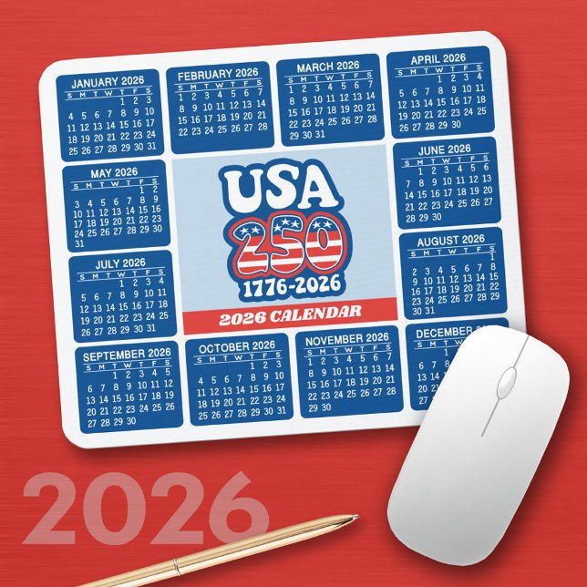 2026 Calendar - USA 250 Red White Blue Mouse Mat (2026 Calendar on a Mousepad)