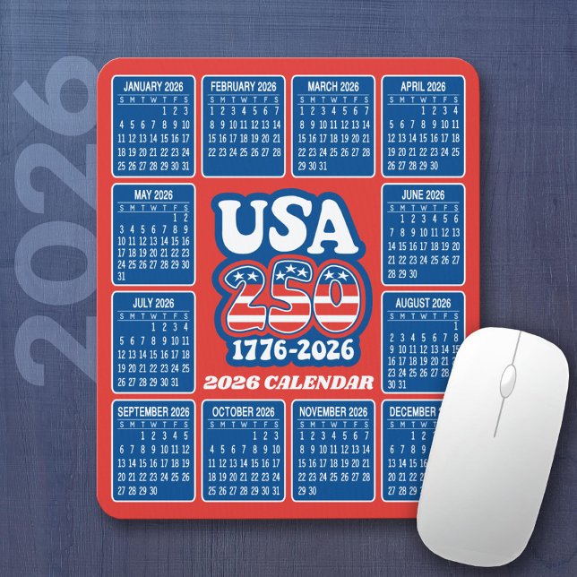 2026 Calendar - USA 250 Red White Blue Mouse Mat (2026 Calendar on a Mousepad)