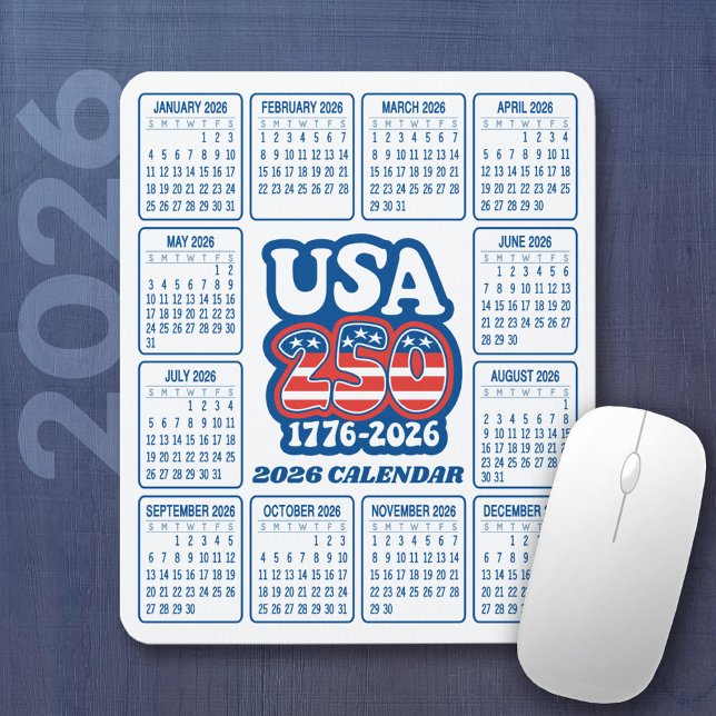 2026 Calendar - USA 250 Red White Blue Mouse Mat (2026 Calendar on a Mousepad)