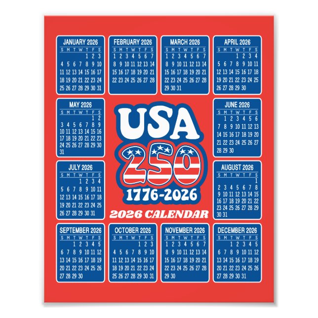 2026 Calendar - USA 250 Red White Blue Photo Print (Front)