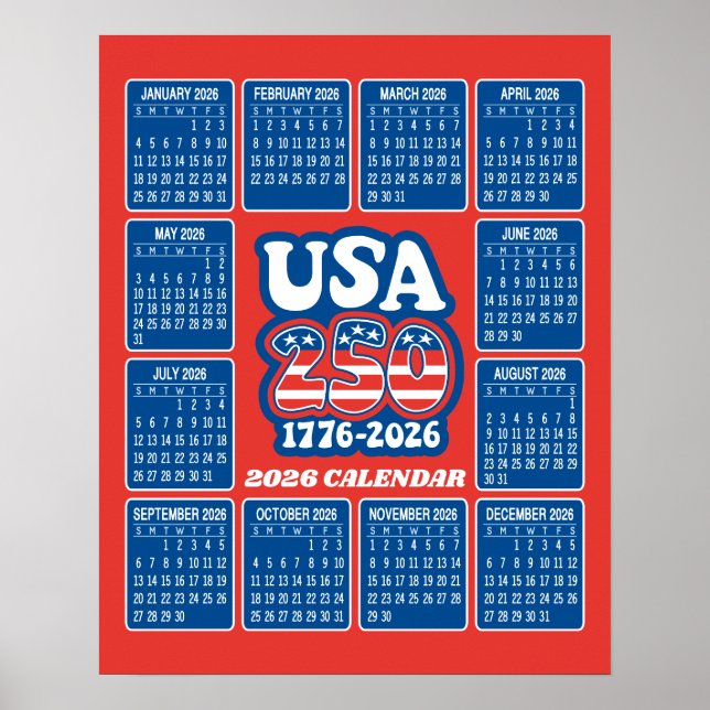 2026 Calendar - USA 250 Red White Blue Poster (Front)