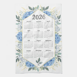 2026 Calendar Watercolor Blue Botanical Greenery Tea Towel