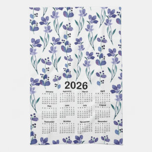 2026 Calendar Watercolor Blue Floral Pattern Tea Towel