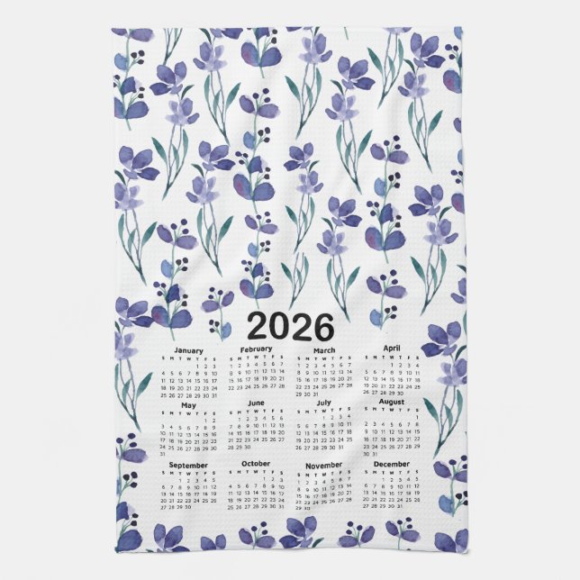 2026 Calendar Watercolor Blue Floral Pattern Tea Towel (Vertical)