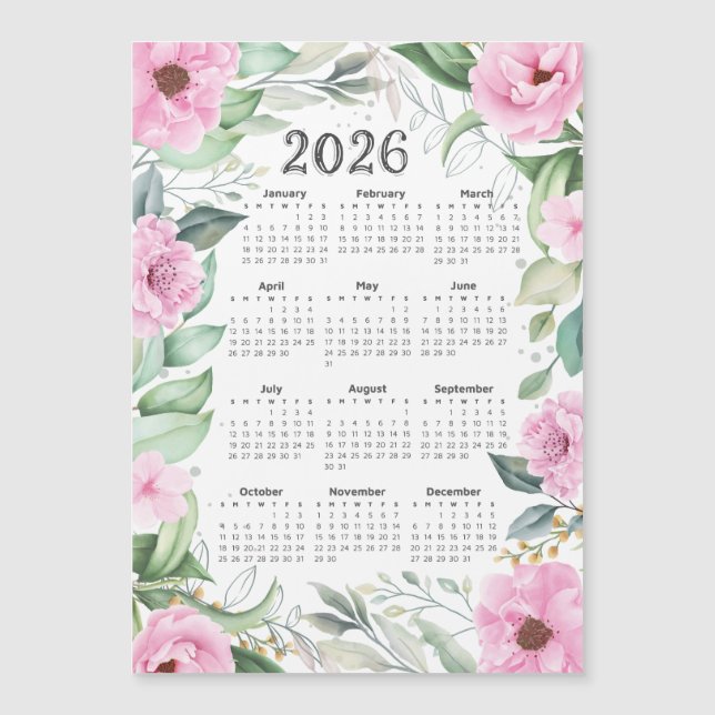 2026 Calendar Watercolor Eucalyptus Pink Floral (Front)