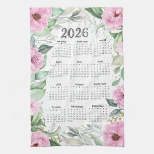 2026 Calendar Watercolor Eucalyptus Pink Floral Tea Towel