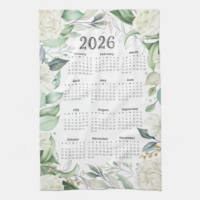 2026 Calendar Watercolor Eucalyptus White Floral Tea Towel (Vertical)