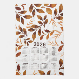 2026 Calendar Watercolor Fall Leaves Pattern Tea Towel