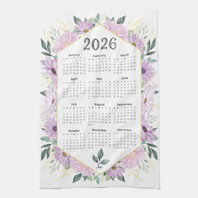 2026 Calendar Watercolor Purple Botanical Greenery Tea Towel (Vertical)