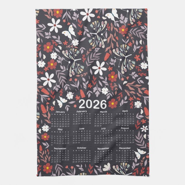 2026 Calendar Whimsical Floral and Butterfly Tea Towel (Vertical)