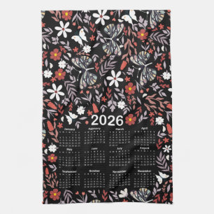 2026 Calendar Whimsical Floral & Butterfly Black Tea Towel