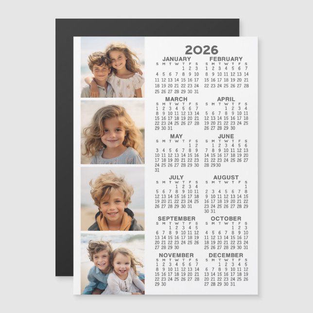 2026 Calendar with 4 Photo Collage Magnetic Card (Front/Back)