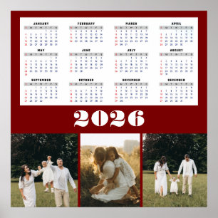 2026 Calendar with Burgundy Background  Poster