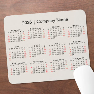 2026 Calendar with Company Name on Beige Mouse Mat