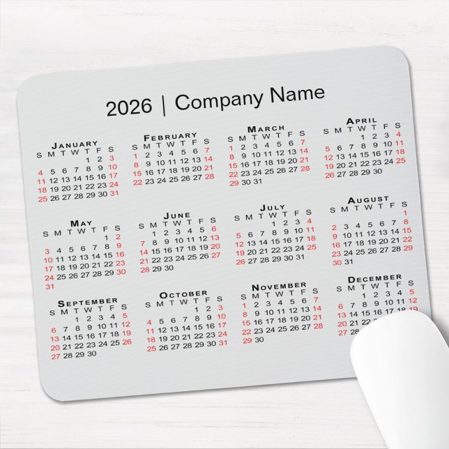 2026 Calendar with Company Name on Light Grey Mouse Mat (2026 Calendar with Company Name on Light Grey Mouse Pad, in situ)