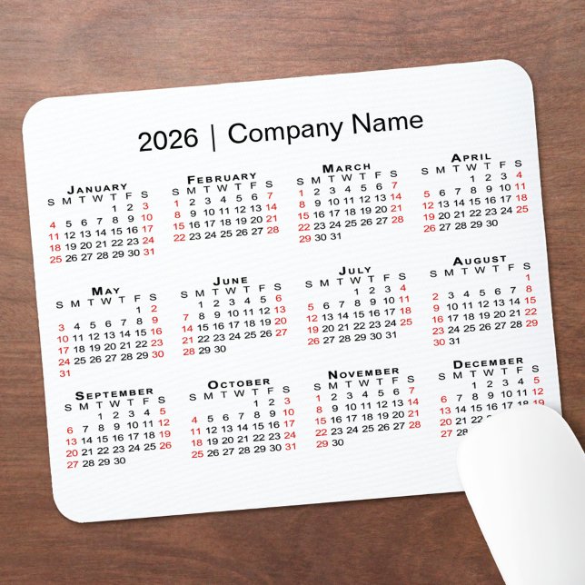2026 Calendar with Company Name on White Mouse Mat (2026 Calendar with Company Name on White Mouse Pad, in situ)