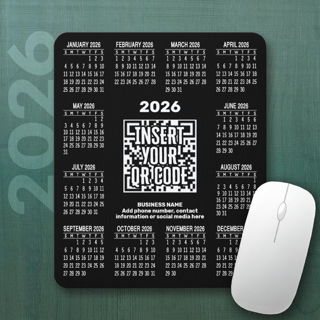 2026 Calendar with QR Code Contact Info Black Mouse Mat (2026 Calendar on a Mousepad)