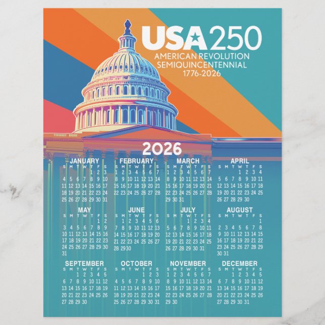 2026 Calendar with USA 250 Capital Dome America Custom Letterhead (Front)