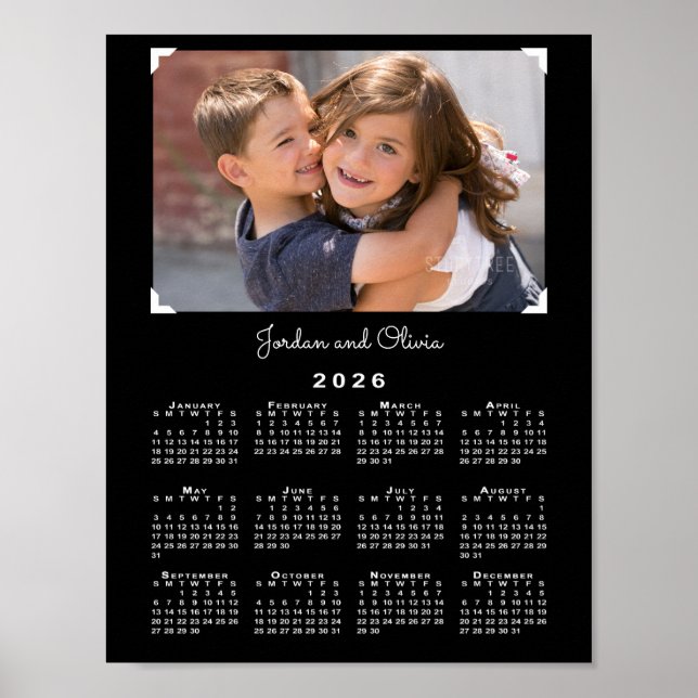 2026 Calendar with Your Photo and Name on Black Poster (Front)