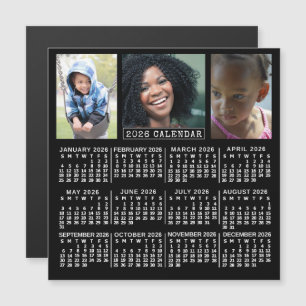 2026 Calendar Year Black   3 Custom Photo Collage Magnetic Invitation