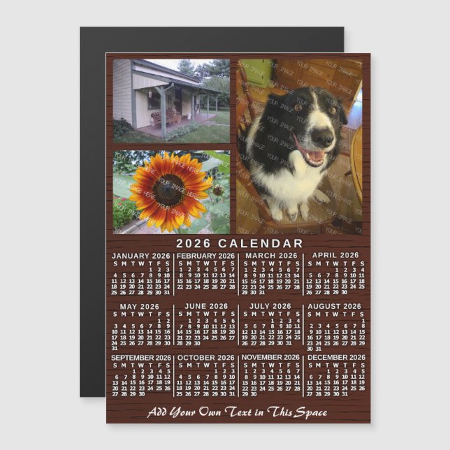 2026 Calendar Year Wood Grain Custom 3 Photos Magnetic Invitation (Front/Back)