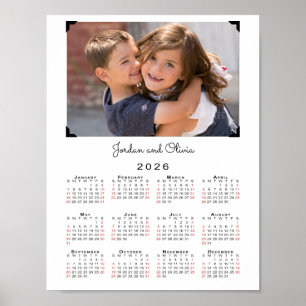 2026 Calendar Your Photo and Name on White Poster