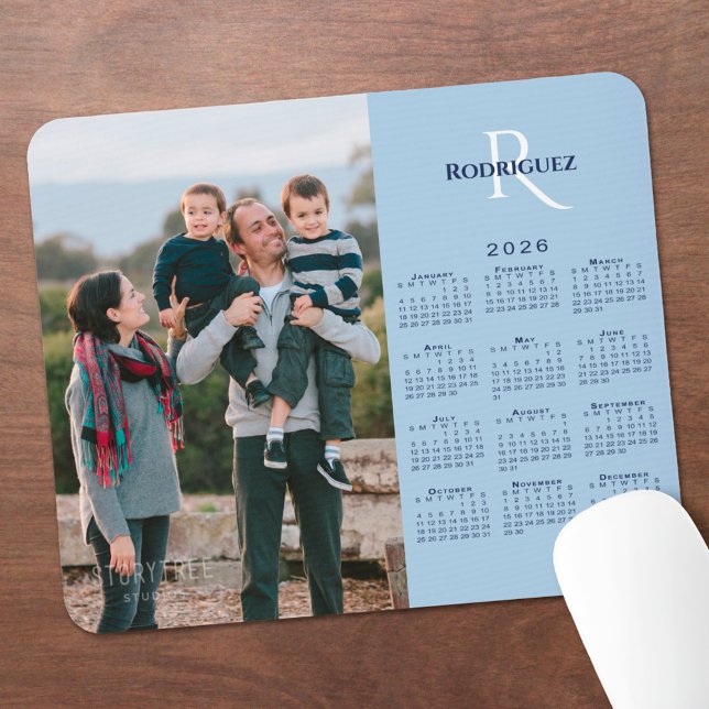 2026 Calendar Your Photo Monogram Name Light Blue Mouse Mat (2026 Calendar Your Photo Monogram Name Light Blue Mouse Pad, in situ)
