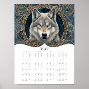 2026 Celtic Wolf Fantasy Art Full Year Calendar Poster