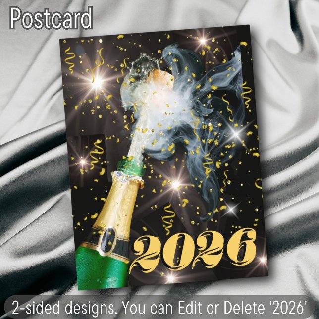 2026 Champagne Pop Cheers Gold Congetti New Year Holiday Postcard (Creator Uploaded)