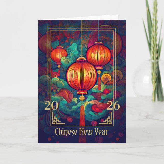 2026 Chinese New Year Lanterns and Swirls Holiday Card (Front)
