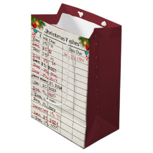2026 Christmas Library Card with Dates Medium Gift Bag