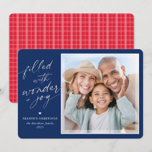 2026 CHRISTMAS PHOTO elegant type overlay navy red Holiday Card