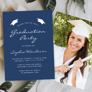 2026 Classic Navy Blue White Graduation Party Invitation