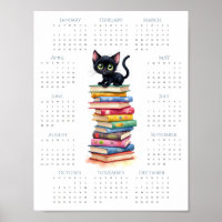 2026 Cute Black Kitten Book Stack 1-Page Calendar