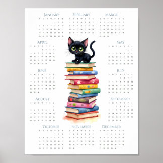 2026 Cute Black Kitten Book Stack 1-Page Calendar Poster