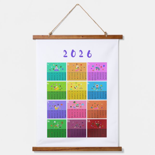2026 Cute Cartoon Yoga Poses Calendar, Health  Hanging Tapestry (Front)